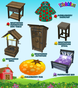 The new Jumbleberry Fields prizes will be the Jumblerry Raincoat, Weathered Farmhouse Side Table (Jumbleberry prizes), Farmhouse Bed (Moonberry prize), Weathered Outhouse Weathered Well (Pickleberry prizes), Sugarberry Rug and the Weathered Farmhouse Stool (Sugarberry prizes).