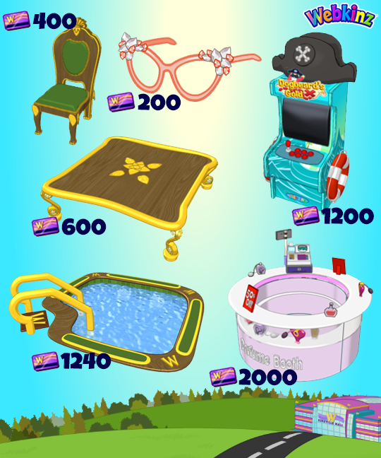 The new Spree Mall prizes will be (names are not currently known but are my best guesses based off of existing prizes) Designer Glasses, Dogbeard's Gold Arcade Unit, Gold Leaf Dining Chair, Golden Dining Table, Gold Leaf Swimming Pool, and Kinzville Mall Perfume Booth.