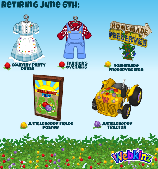 The retiring Jumbleberry Fields prizes will be the Country Party Dress, Farmer's Overalls (Jumbleberry prizes), Jumbleberry Tractor (Moonberry prize), Homemade Preserves Sign, and Jumbleberry Fields Poster (Sugarberry prizes).