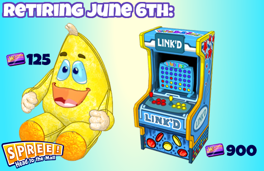 The retiring Spree Mall prizes will be the Giant Zingoz Plushy and Link'D Arcade Unit.